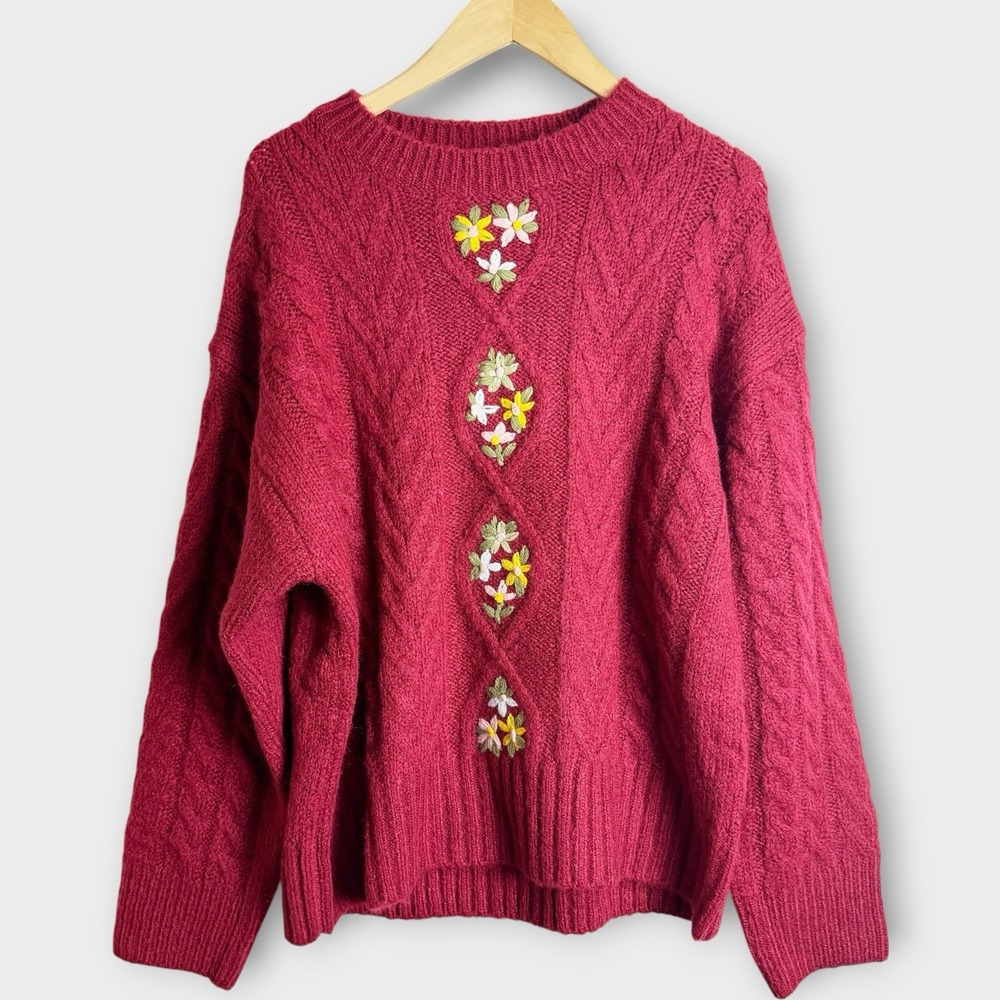 In Loom Floral Cable Knit Sweater Red Chunky Oversized M Cottagecore Soft Girl